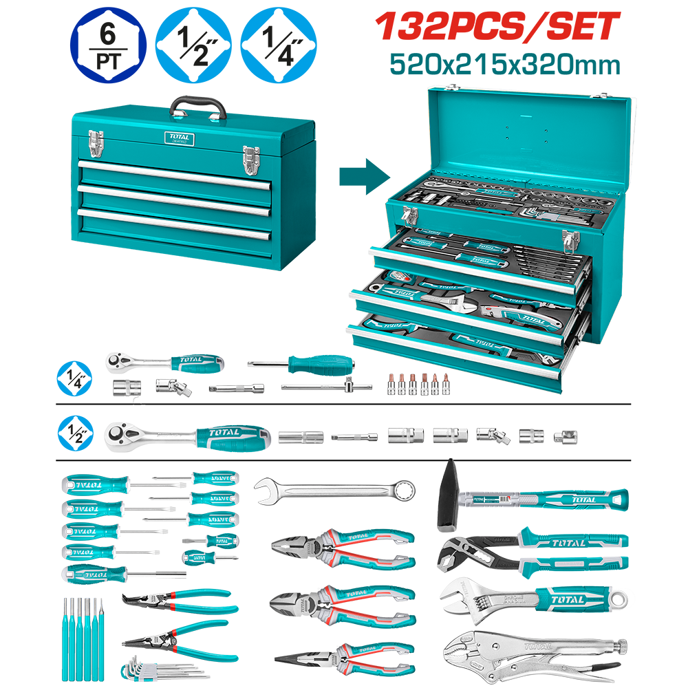 Set di Utensili Manuali in Cassettiera, 132 Pezzi